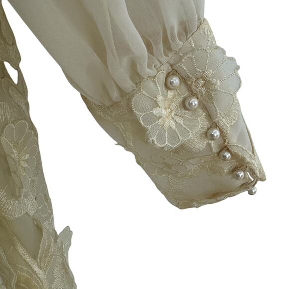 Vintage Chiffon Floral Dress Cream 3D Applique Flowers Sheer Women's Size Large - Picture 7 of 10